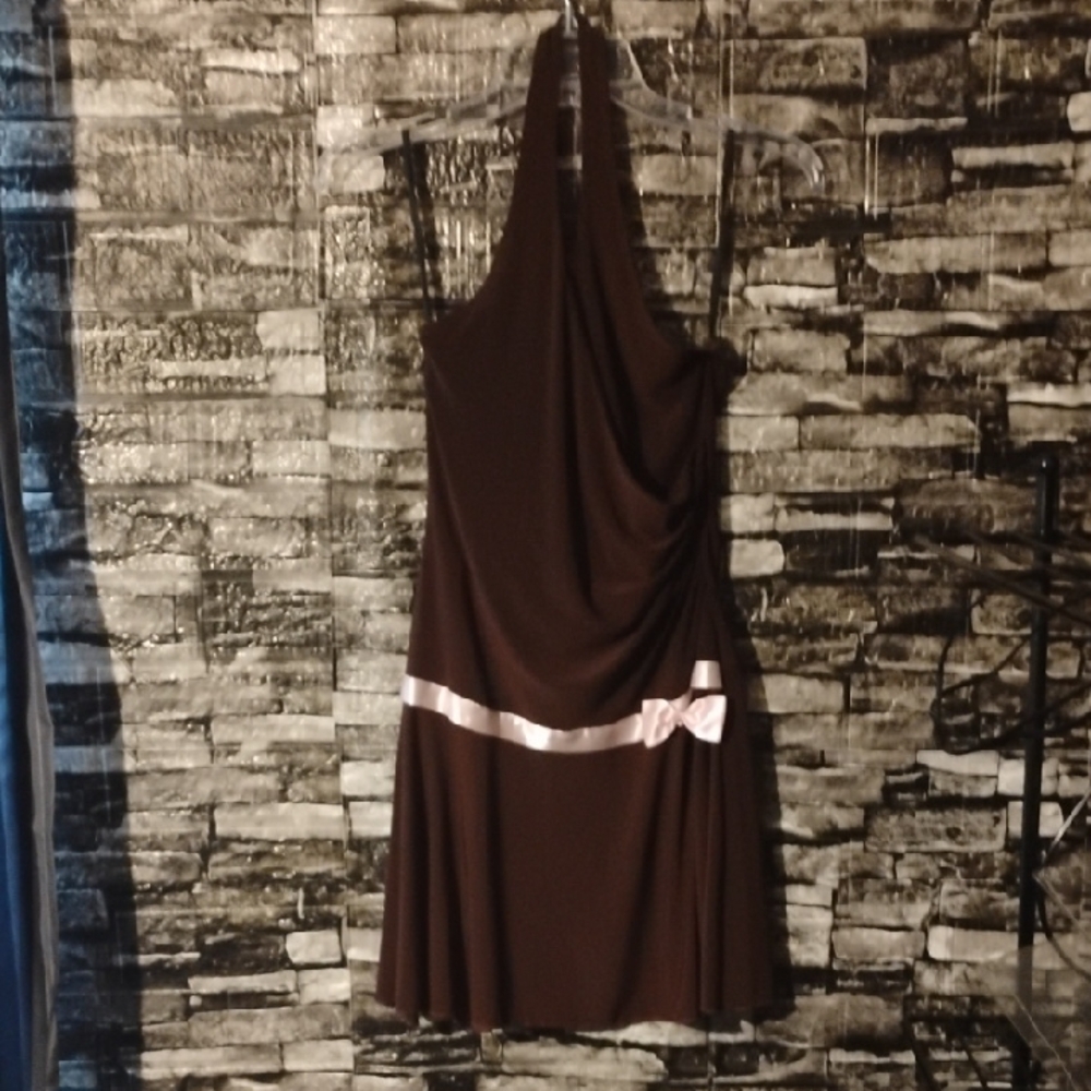 PS Elegant Brown Halter Dress with Pink Accents